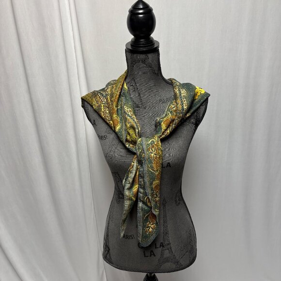 Triangle Scarf Green Yellow Batik-Inspired Print Lightweight Silky Vintage - Picture 6 of 7